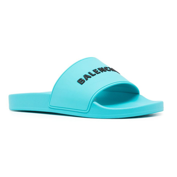 Balenciaga Turquoise Blue Rubber Black Logo Slide Pool Sandal Flip Flop 43 10 - Picture 2 of 12